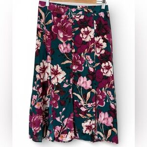 Band of the Free Floral Midi Skirt Pine Plum Pleated Back Button Front Boho